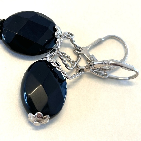 Sterling Silver Facetted Black Stone Drop Dangle Earrings - Picture 4 of 6